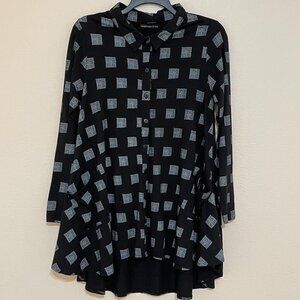 Snapdragon & Twig Collared Tunic Top Black Grid Squares Lagenlook Tunic Size S